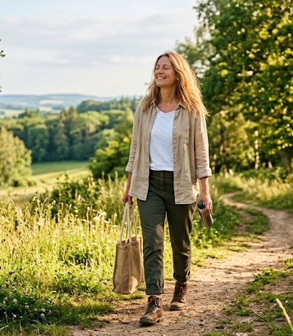 Žena kráčí po parku za slunečného rána