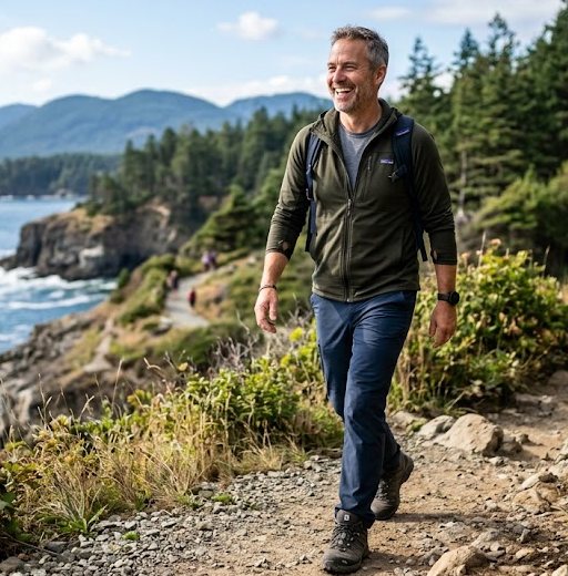 Pár na procházce v lese, uvolněně a se smíchem